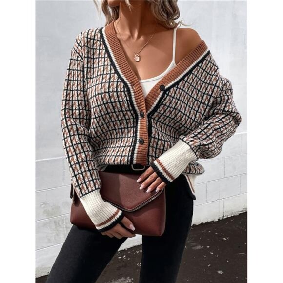 Plaid Pattern Drop Shoulder Cardigan - Picture 3 of 6